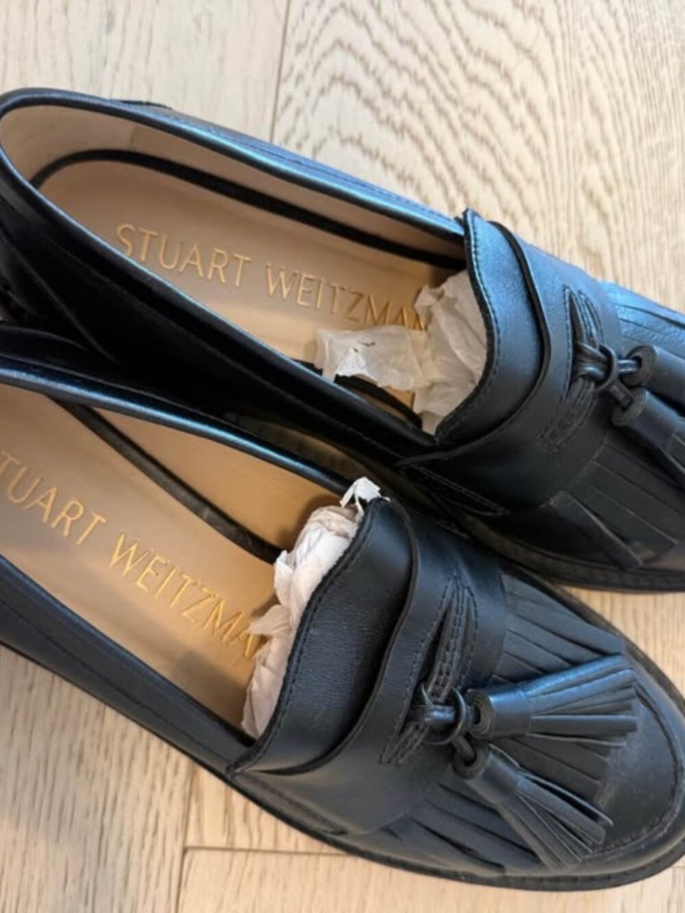Stuart Weitzman Black Leather Tassel Loafers